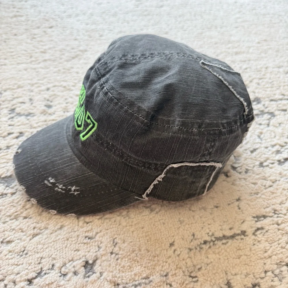 Woman’s Distressed Military Style Black Hat with Green Embroidery - Picture 5 of 9